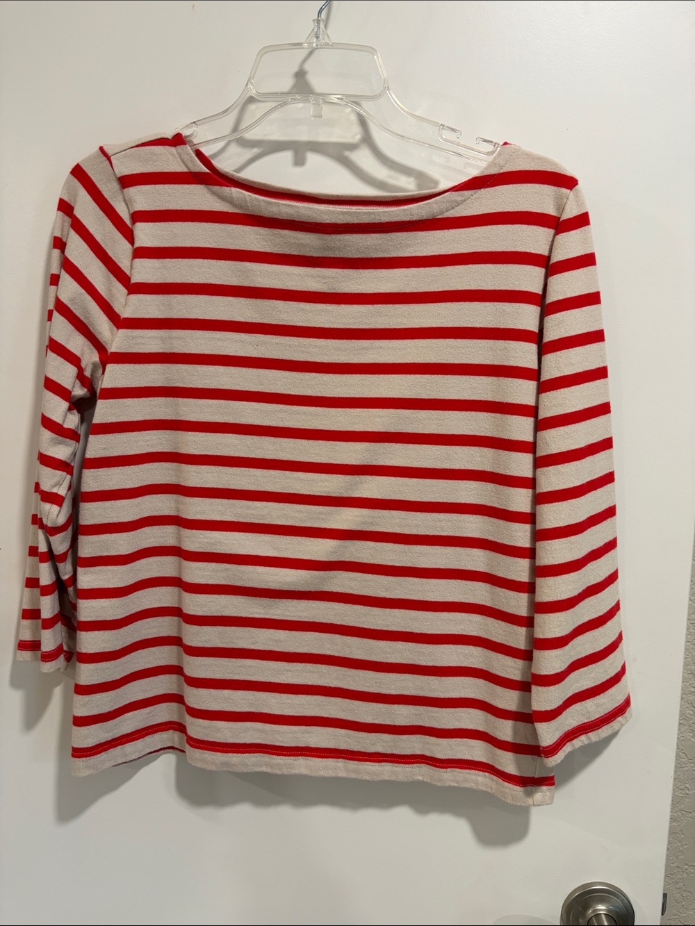 J. Crew Red and Cream Striped Boatneck Long Sleeve Top